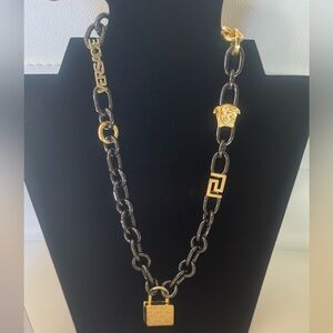Versace Gold Padlock Pendant with Black Chain